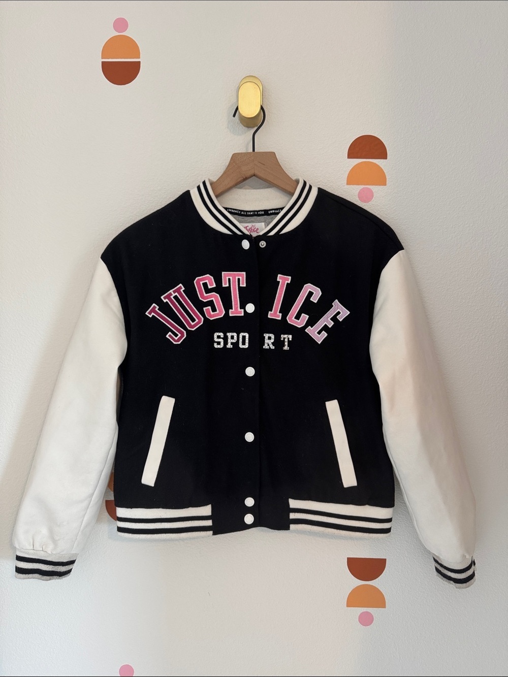 Justice Black & White Varsity Jacket with Pink Lettering N0098